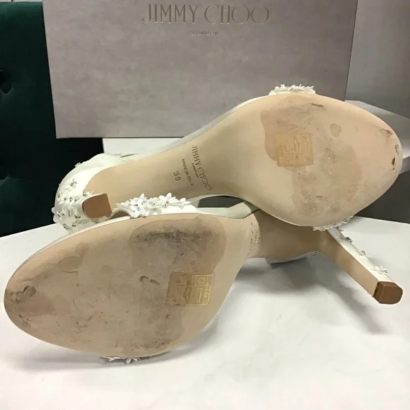 Jimmy Choo Delia Mini Flower Embellished Satin Heels 100mm - Picture 4 of 7